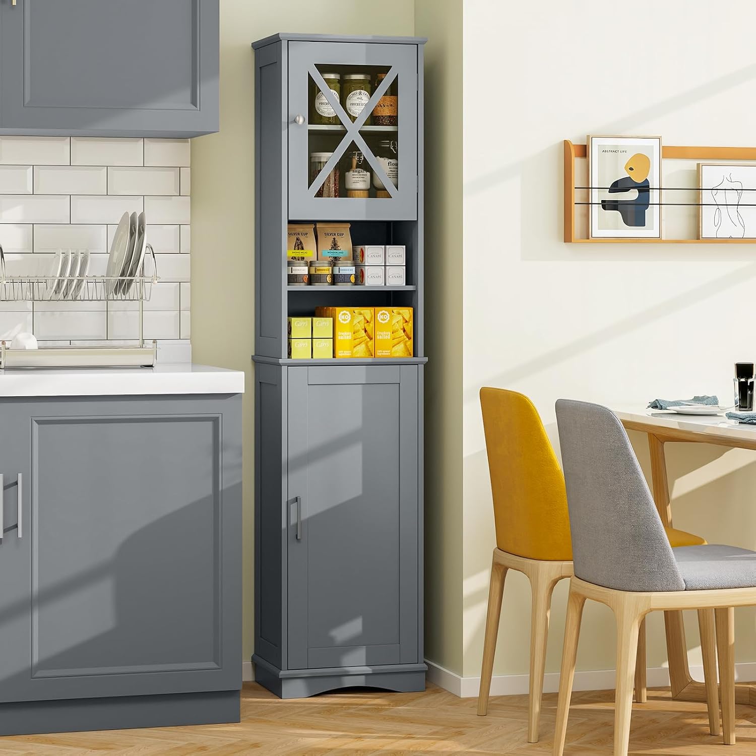 Mobile Bagno 40 x 30 x 170,5cm, Armadietto a Colonna Stretto e Alto con 5 Ripiani Regolabili e 2 Porte, Armadio da Terra in Legno per Soggiorno, Camera da Letto, Salotto e Cucina (Grigio)