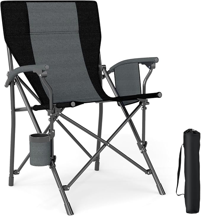 Sedia da Campeggio Portatile, Sedia da Esterno Pieghevole in Tessuto Oxford con Porta Bicchiere e Tasca Laterale, Seduta in Metallo Resistente con Sacca di Trasporto, Portata 160 kg (Nero,1)