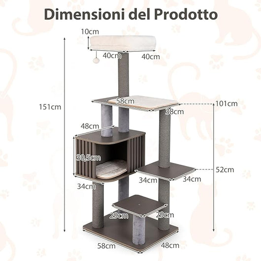 Albero per Gatti a 6 Livelli, Torre per Gatti Alta 151 cm con Condominio, Tappetini Removibili e Tiragraffi, Albero Tiragraffi per Arrampicata per Gattini in Legno con Palla Pompom Appesa