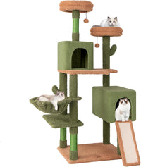Tiragraffi per Gatti 160 cm, Torre per Gatti con Pali di Graffiatura in Sisal e Scala, Doppi Condomini & Perch in Peluche e Giocattoli Appesi, Albero per Gatti a Cactus per Gattini