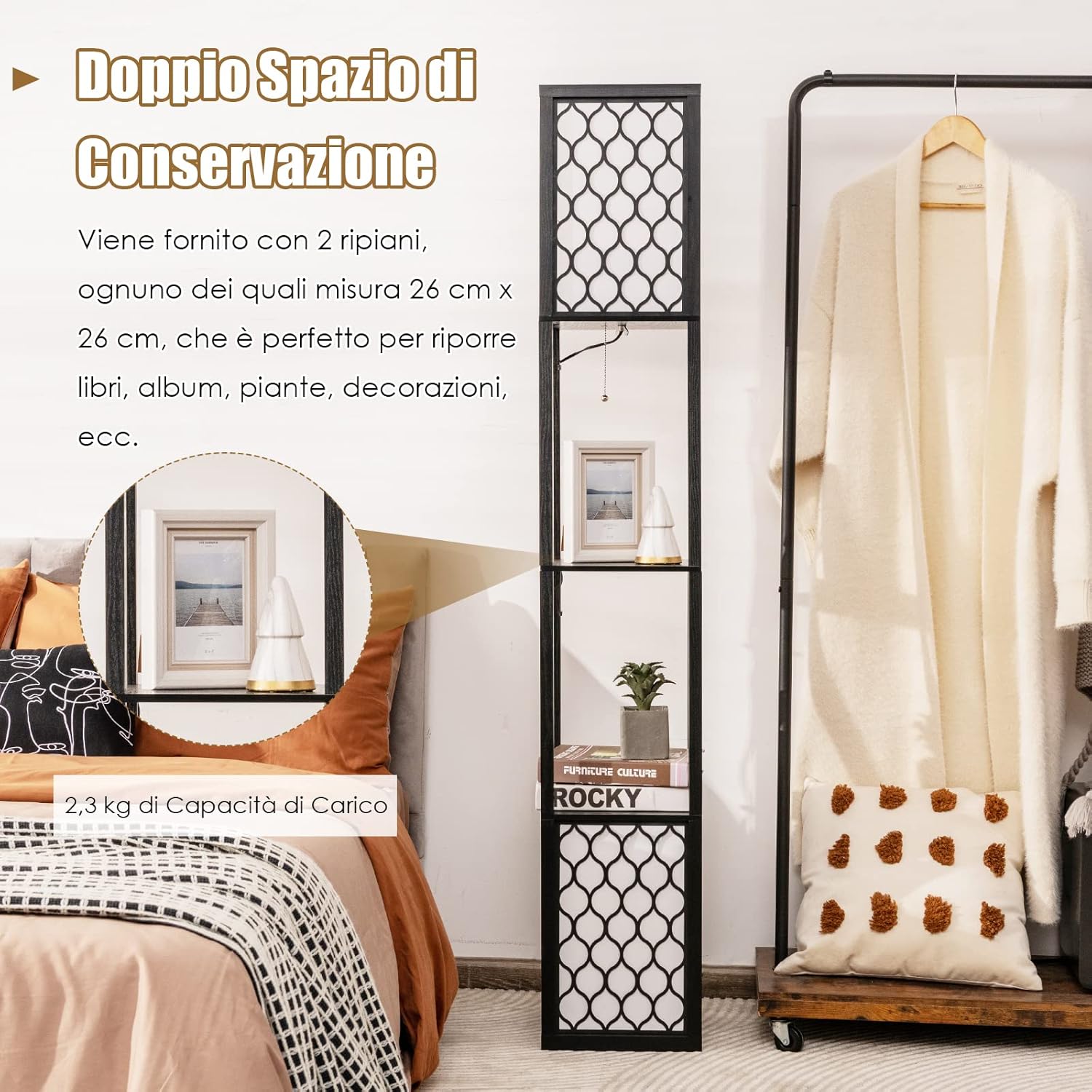 Lampada da Terra Design e Vintage, Lampada a Stelo da Terra con 2 Ripiani, Ideale per Camera da Letto, Soggiorno e Ufficio, 26 x 26 x 156 cm, Nero