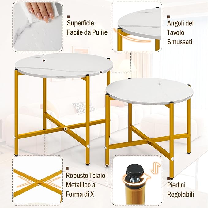 Set di Tavolini da Caffè Rotondi da 2 Pezzi, Tavolini Impilabili con Struttura in Metallo Robusta e Piedini, Ideale per Soggiorno, Ufficio e Balcone