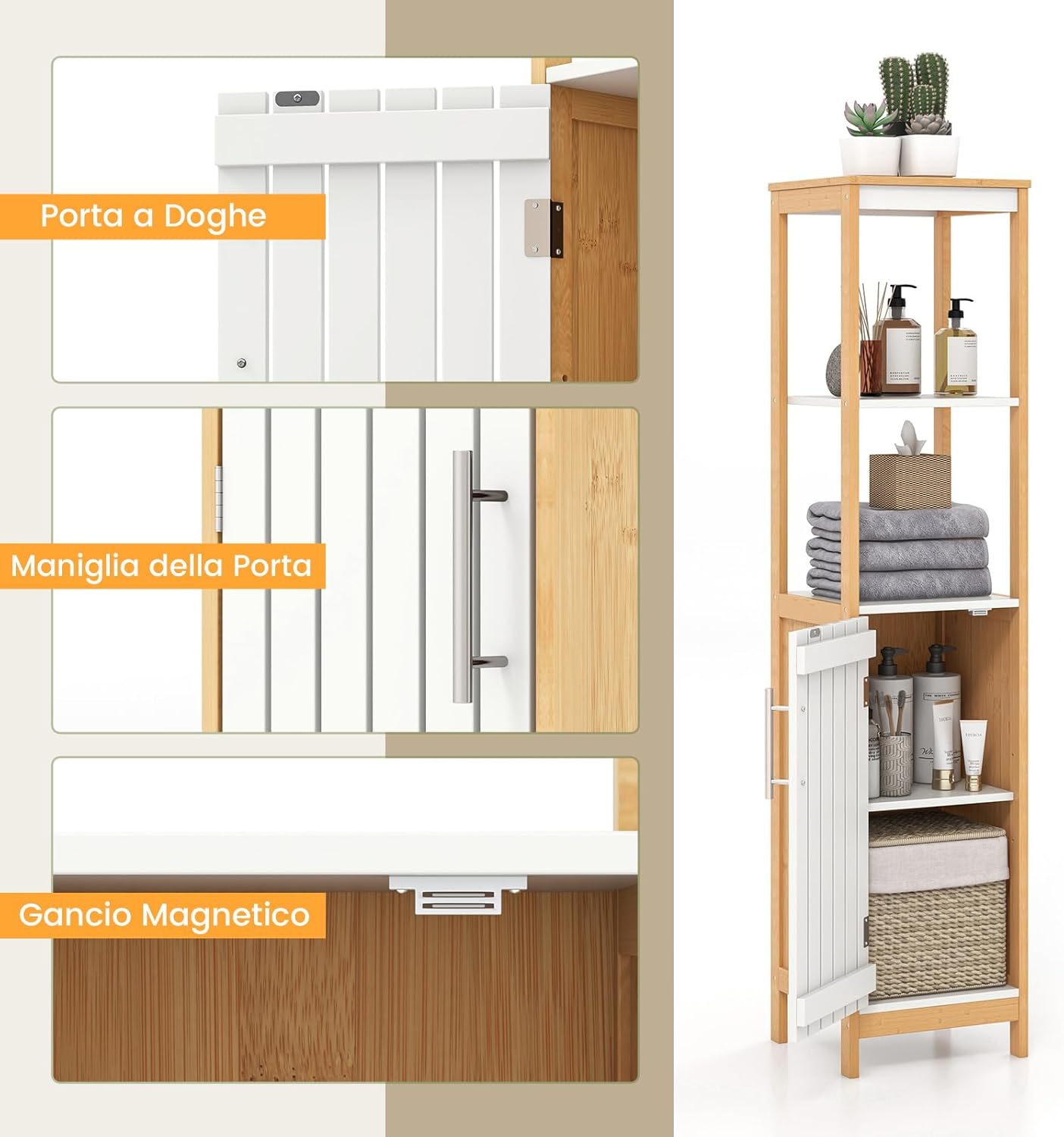 Armadio da Bagno, Mobile Alto 129 cm con Anta, Mobile Salvaspazio e Multiuso in Bambù con Ripiani Regolabili, per Soggiorno Bagno