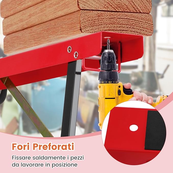 Set di 2 Cavalletti da Lavoro Pieghevoli, Cavalletto per Segare la Legna con Superficie Antiscivolo, Rinforzo a Cerniera e Maniglia, Carico Fino a 375 kg