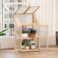 Serra da Balcone, Serra in Legno con Ripiano Fiori Rialzato, Tetto Trasparente Apribile, Porta Bloccabile e Ripiani Rimovibili, per Giardino e Cortile, 69 x 58 x 121 cm