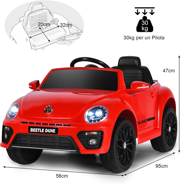 12V Volkswagen Macchina Elettrica per Bambini, Auto Elettrica con Telecomando Luci Musica Doppia Porta, 5km/h Carico 30kg, per Bambini 3-8 Anni (Rosso)