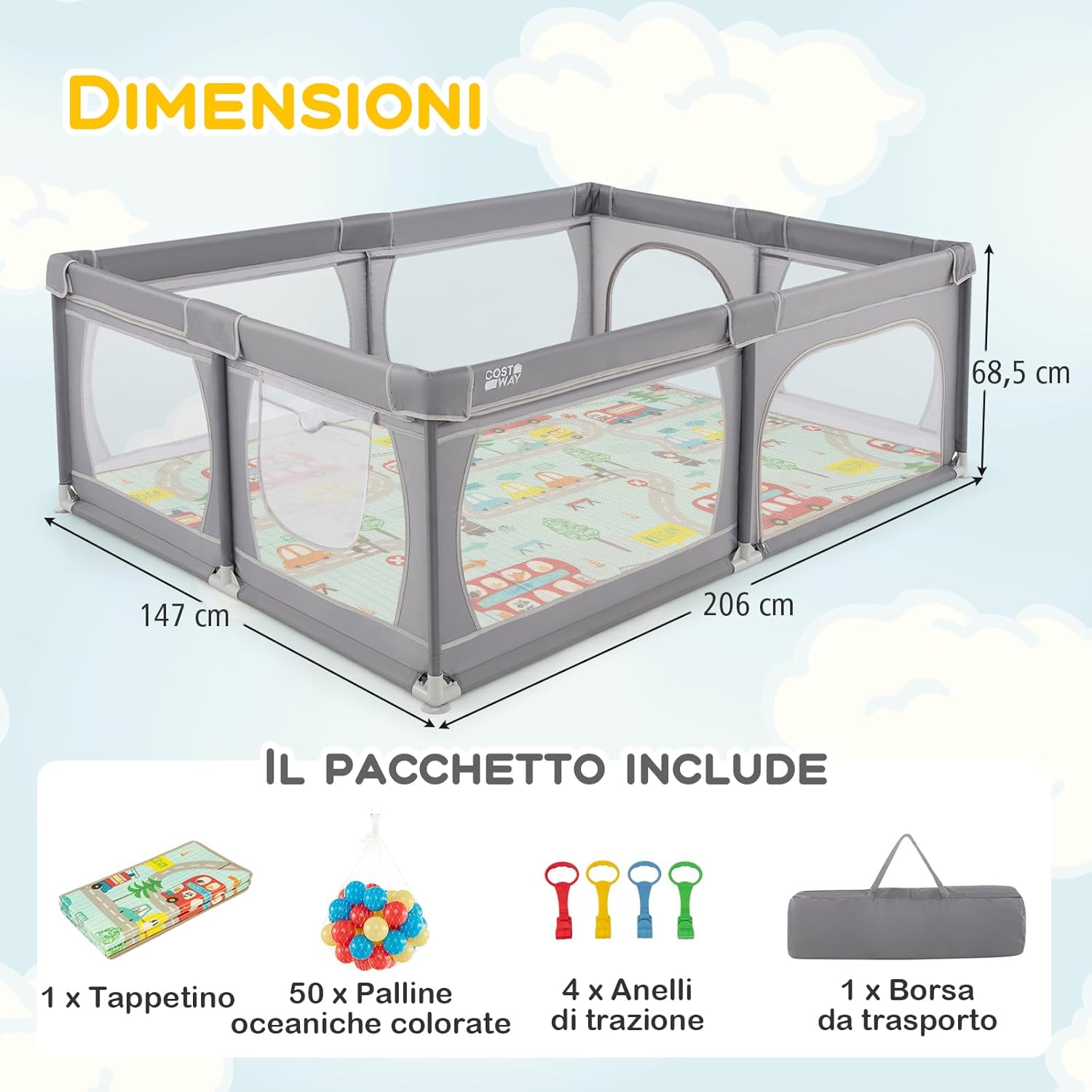 Recinto per Bambini con Materasso, Box per Bambini con Tappetino, Rete Traspirante e Apertura a Cerniera, Box Giochi con Borsa, 4 Impugnature e 50 Palline, per Bambibi 0-3 Anni (Grigio Scuro)
