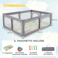 Recinto per Bambini con Materasso, Box per Bambini con Tappetino, Rete Traspirante e Apertura a Cerniera, Box Giochi con Borsa, 4 Impugnature e 50 Palline, per Bambibi 0-3 Anni (Grigio Scuro)