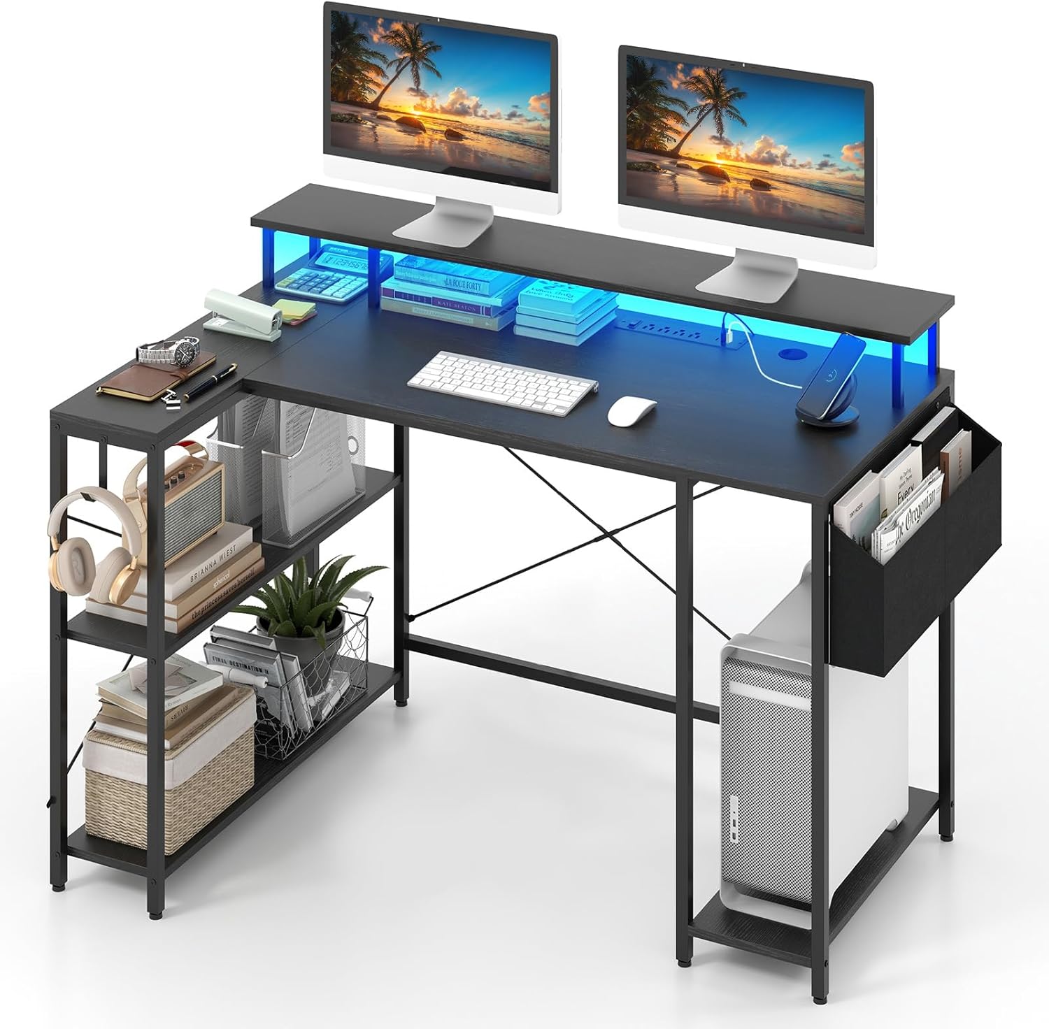 Scrivania Angolare da Gaming, Scrivania Salvaspazio a Forma di L con Luci LED, Stazione di Ricarica, Ripiani e Supporto per Monitor, Scrivania ad Angolo per Casa e Ufficio (Nero)