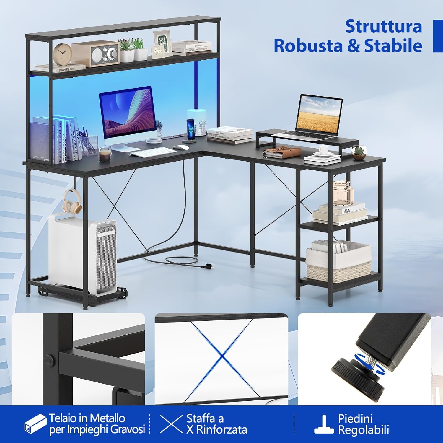 Scrivania per Computer a Forma di L, Tavolo da Gioco con Scaffale Regolabile, Gancio, Supporto per CPU, Striscia LED, Telecomando e Prese di Corrente, Desk per Studiare e Lavorare (Nero)