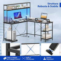 Scrivania per Computer a Forma di L, Tavolo da Gioco con Scaffale Regolabile, Gancio, Supporto per CPU, Striscia LED, Telecomando e Prese di Corrente, Desk per Studiare e Lavorare (Nero)