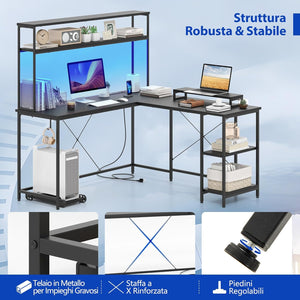 Scrivania per Computer a Forma di L, Tavolo da Gioco con Scaffale Regolabile, Gancio, Supporto per CPU, Striscia LED, Telecomando e Prese di Corrente, Desk per Studiare e Lavorare (Nero)