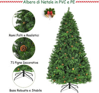 Albero di Natale 210/225/240 cm, Albero di Natale con 460/540/600 Luci a LED Bianco Caldo, 925/1125/1335 Rami in PVC e PE e Pigne, Albero di Natale Alto e Folto per Casa e Negozio (225cm)