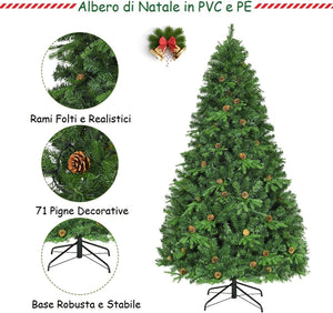 Albero di Natale 210/225/240 cm, Albero di Natale con 460/540/600 Luci a LED Bianco Caldo, 925/1125/1335 Rami in PVC e PE e Pigne, Albero di Natale Alto e Folto per Casa e Negozio (225cm)