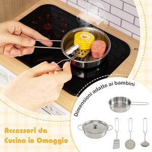 Cucina Giocattolo per Bambini, Cucina Legno per Bambini con Luci, Suoni, Frigorifero, Distributore d'Acqua, Lavatrice, Accessori Ricchi e Ante in Rattan, per 3 Anni+ (Giallo Caldo)