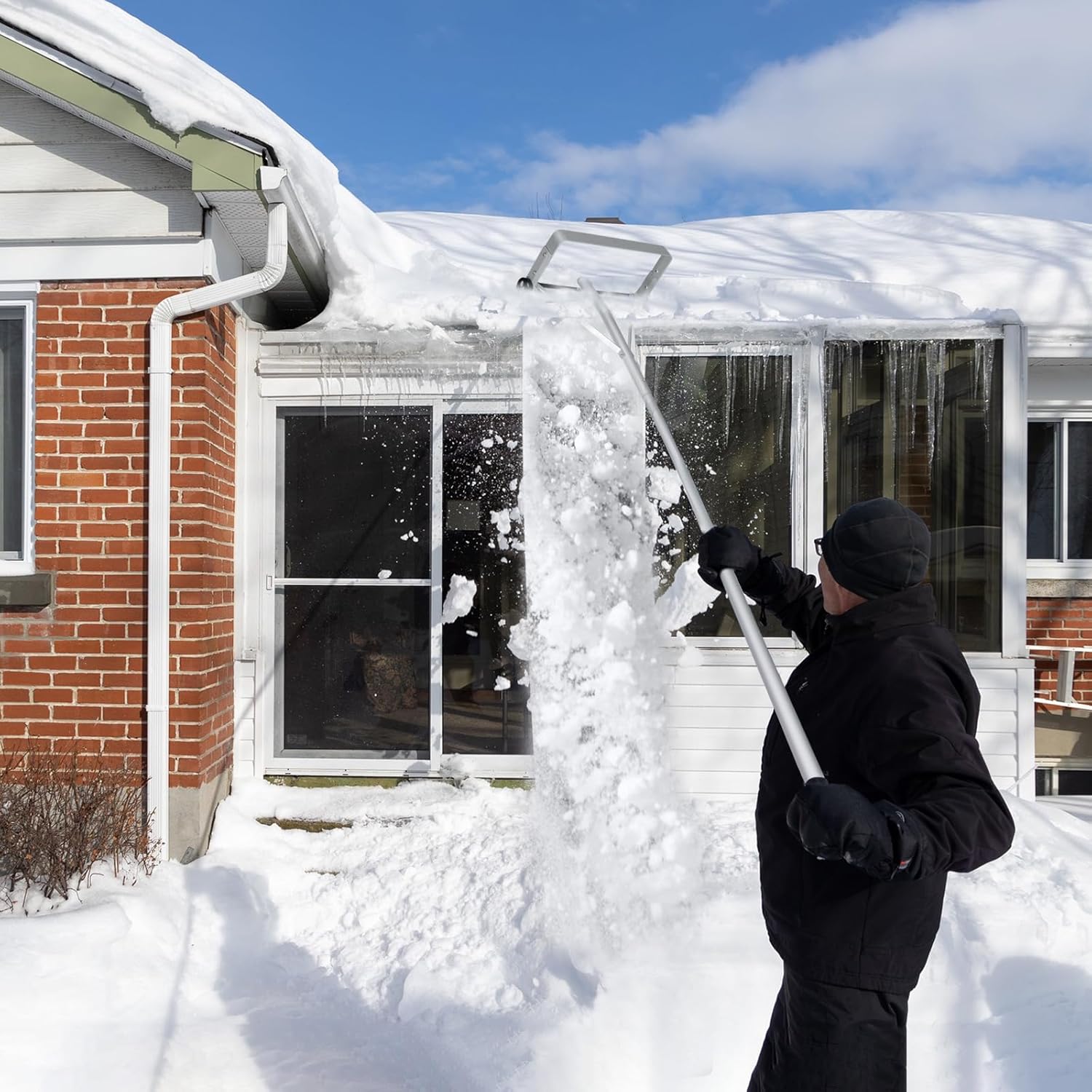 Restrello da Neve per Tetto Lungezza 193-619 cm, Rastrello per Neve Telescopico con 2 Ruote, Restrello in Alluminio Allungabile con 4 Asta Rimozione Neve per Tetto con Tessuto PE