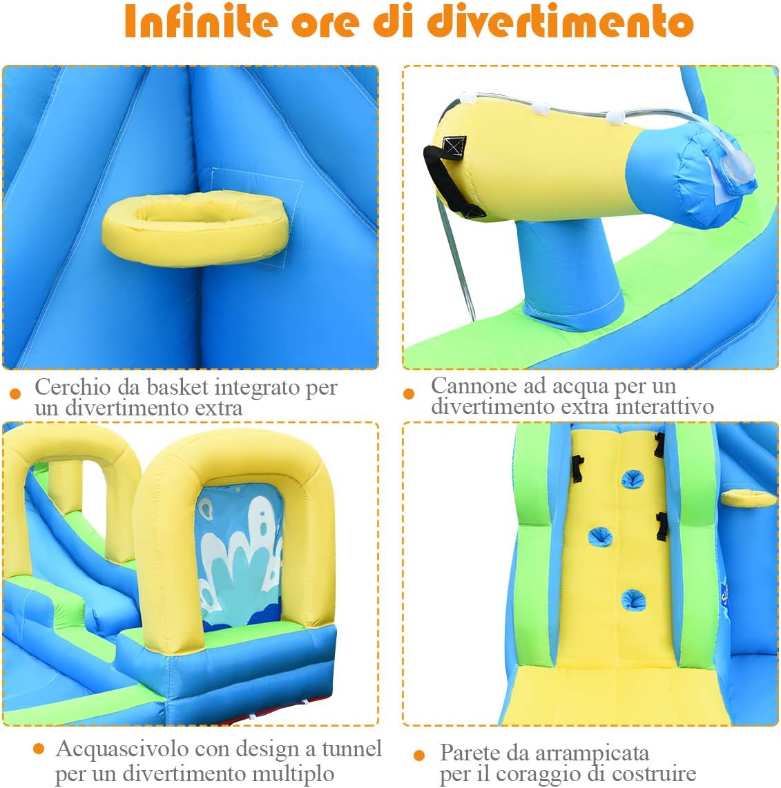 Castello Gonfiabile 3 in 1 Per 4 Bambini 4-12anni - Con Scivolo/Piscina/Muro Arrampicante - Con Borsa di Trasporto/Kit di Riparazione - Interno ed Esterno - Senza soffiatore