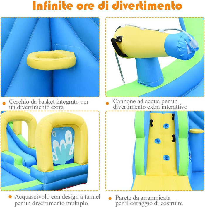 Castello Gonfiabile 3 in 1 Per 4 Bambini 4-12anni - Con Scivolo/Piscina/Muro Arrampicante - Con Borsa di Trasporto/Kit di Riparazione - Interno ed Esterno - Senza soffiatore