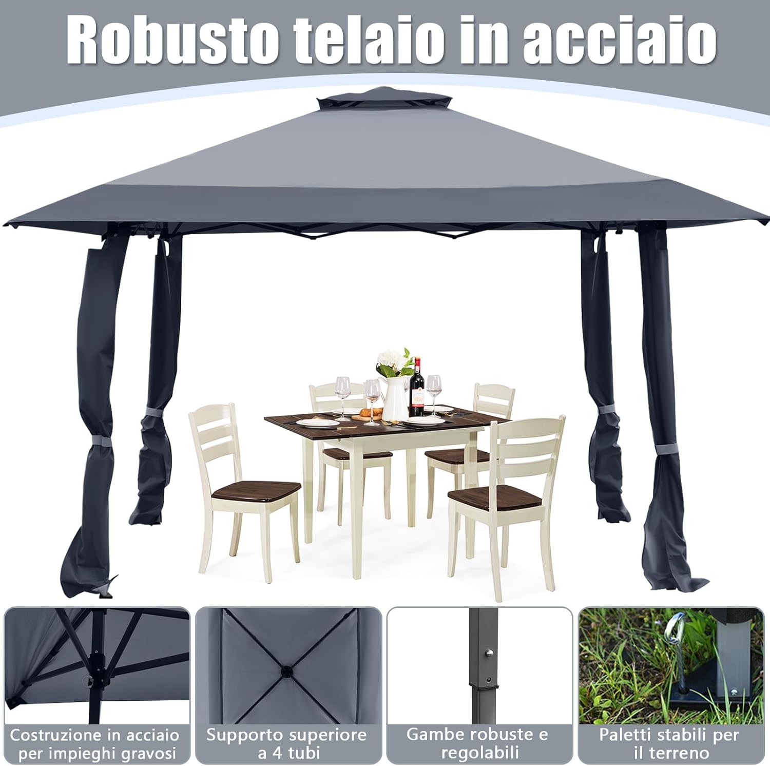 Gazebo da Giardino 3,95 x 3,95 M, Gazebo da Esterno con Tetto a 2 Livelli e 3 Altezze Regolabili, con Borsa,Tessuto Oxford, Ideale per Feste, Barbecue, Giardino, Spiaggia (Grigio)