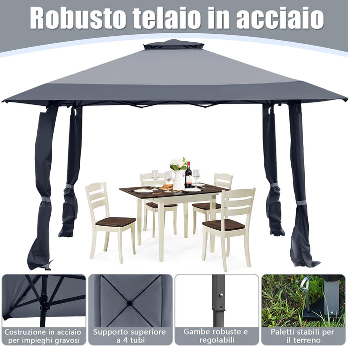 Gazebo da Giardino 3,95 x 3,95 M, Gazebo da Esterno con Tetto a 2 Livelli e 3 Altezze Regolabili, con Borsa,Tessuto Oxford, Ideale per Feste, Barbecue, Giardino, Spiaggia (Grigio)