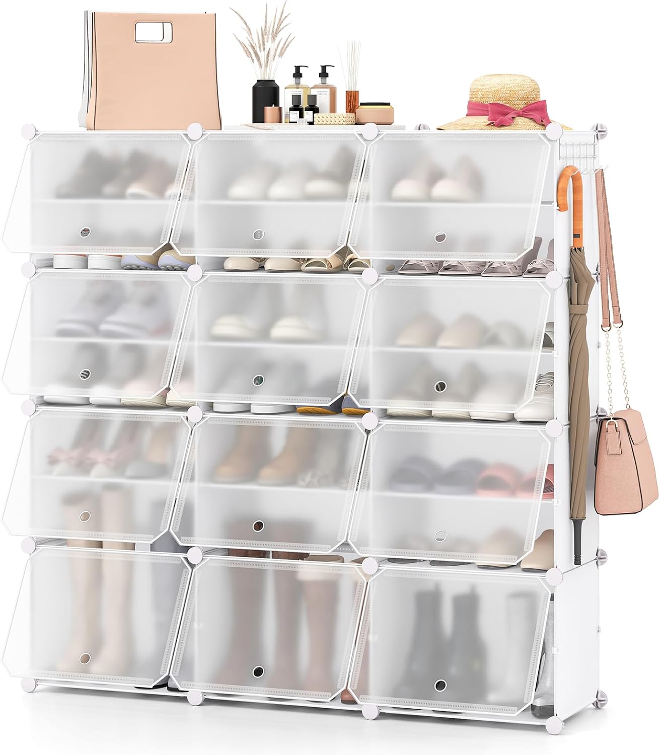 Scatole per Scarpe, Set di 12 Organizzatori Porta Scarpe Impilabili, Contenitore per Scarpe in PP Trasparente, per Ingresso, Corridoio e Armadio, Nero (Bianco)