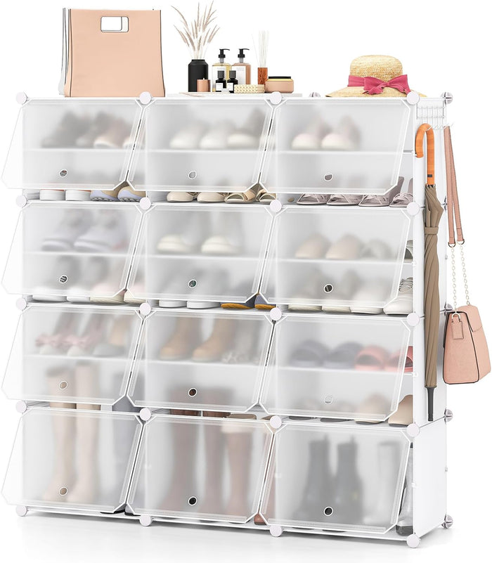 Scatole per Scarpe, Set di 12 Organizzatori Porta Scarpe Impilabili, Contenitore per Scarpe in PP Trasparente, per Ingresso, Corridoio e Armadio, Nero (Bianco)