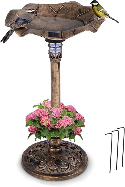 Mangiatoia per Uccelli Solare da Esterno, Bagno per Uccelli con Piedistallo e Ciotola a Forma di Foglia di Loto, Fioriera, Lampada Solare, Decorazione Vintage (Bronzo Antico,43 x 43 x 76 cm)