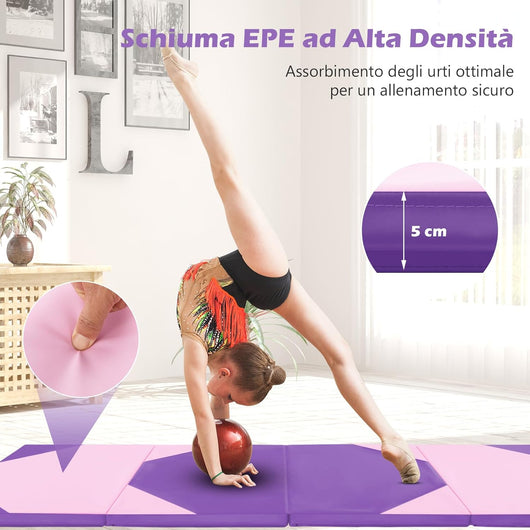 Tappetino Ginnastica Pieghevole 300 CM, Tappetino a 4 Pannelli in Similpelle con Gancio, Chiusure a Strappo e Maniglie per Ginnastica, Yoga e Allenamenti da Casa e Palestra