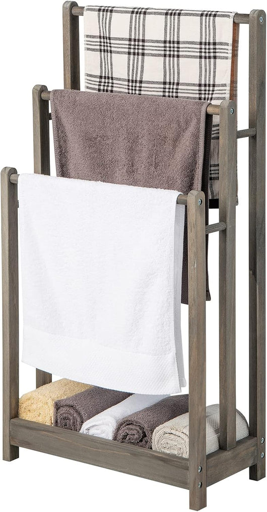 Portasciugamani in Legno da Terra, Porta Asciugamani a 3 Livelli con Mensola Inferiore, Dispositivo Anti-Ribaltamento, Supporto Leggero per Asciugamani da Bagno e Stanza Lavanderia (Grigio)