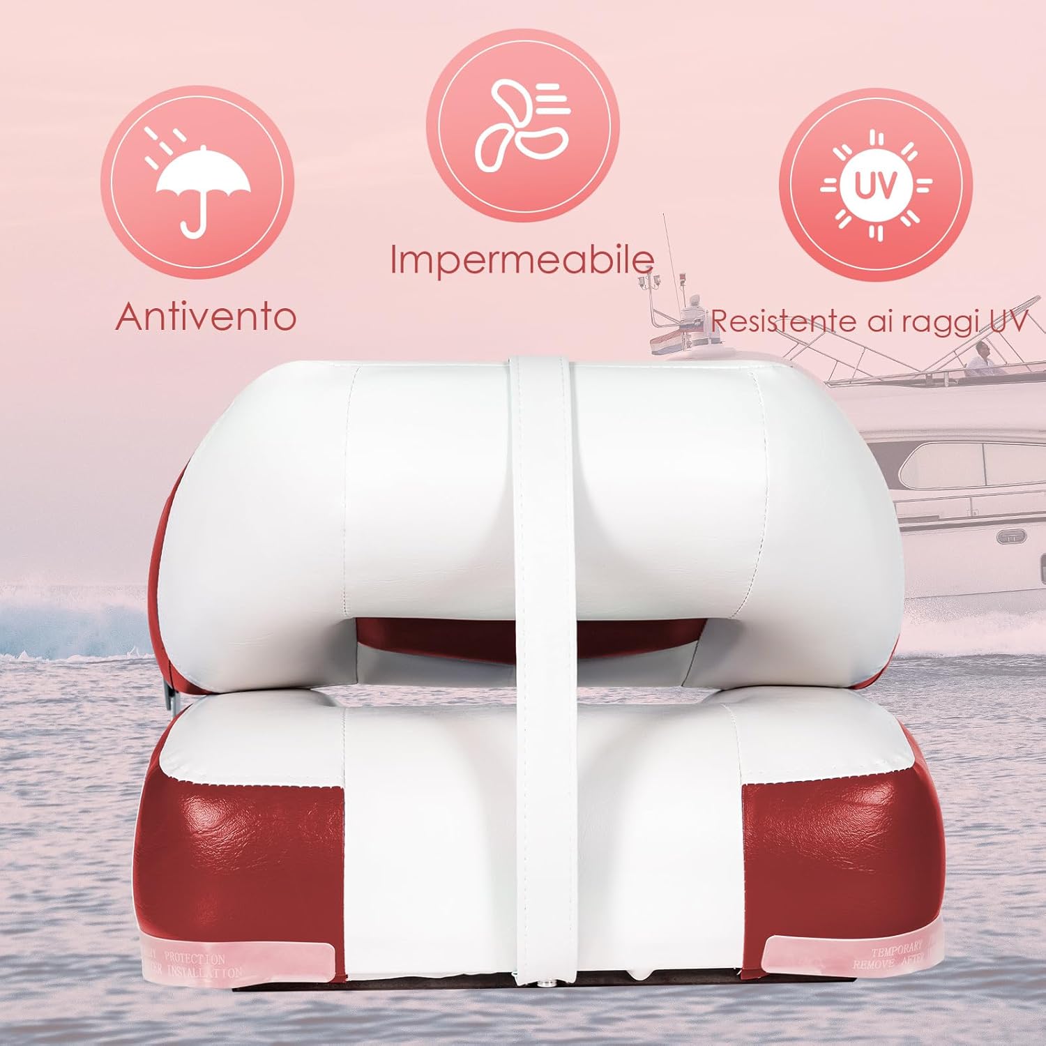 Set di 2 Sedie da Barca, Sedie per Barca Con Schienale Basso, Sedia da Barca Pieghevole, con Schiuma Spessa, Cinghia di Fissaggio, 50 x 42 x 52 cm (Rosso+Bianco)