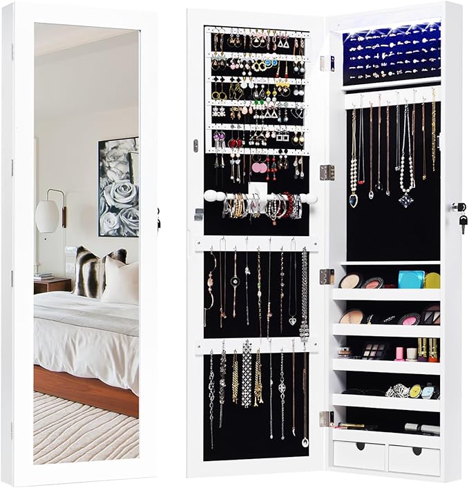 Armadietto Portagioie Specchio per Gioielli con Luci LED, Specchiera da Porta e Muro, per Figura Intera, 120x37x9,6cm