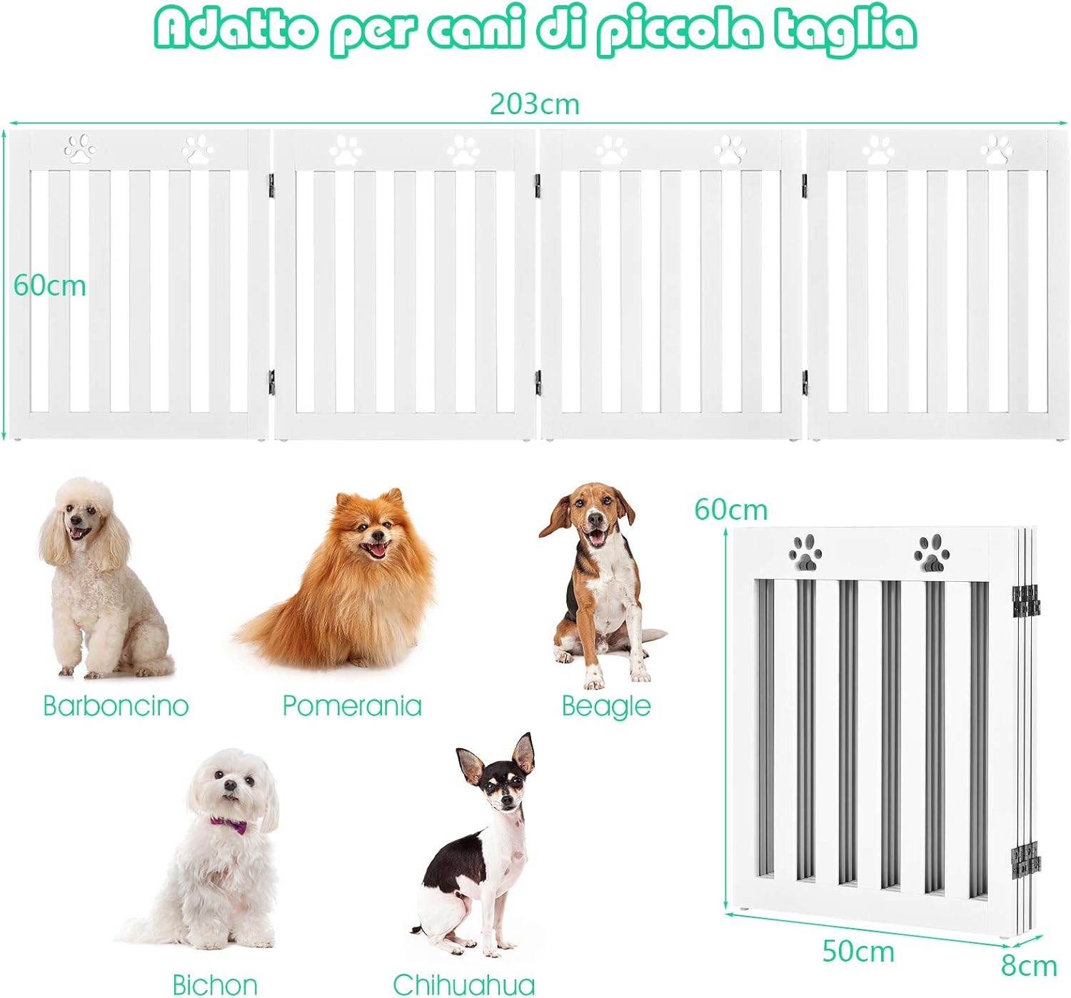 Cancelletto di Sicurezza Pieghevole, Barriera per Animali Domestici, in Legno, 4 Pannelli, 203 x 60 x 1,5 cm (Bianco)
