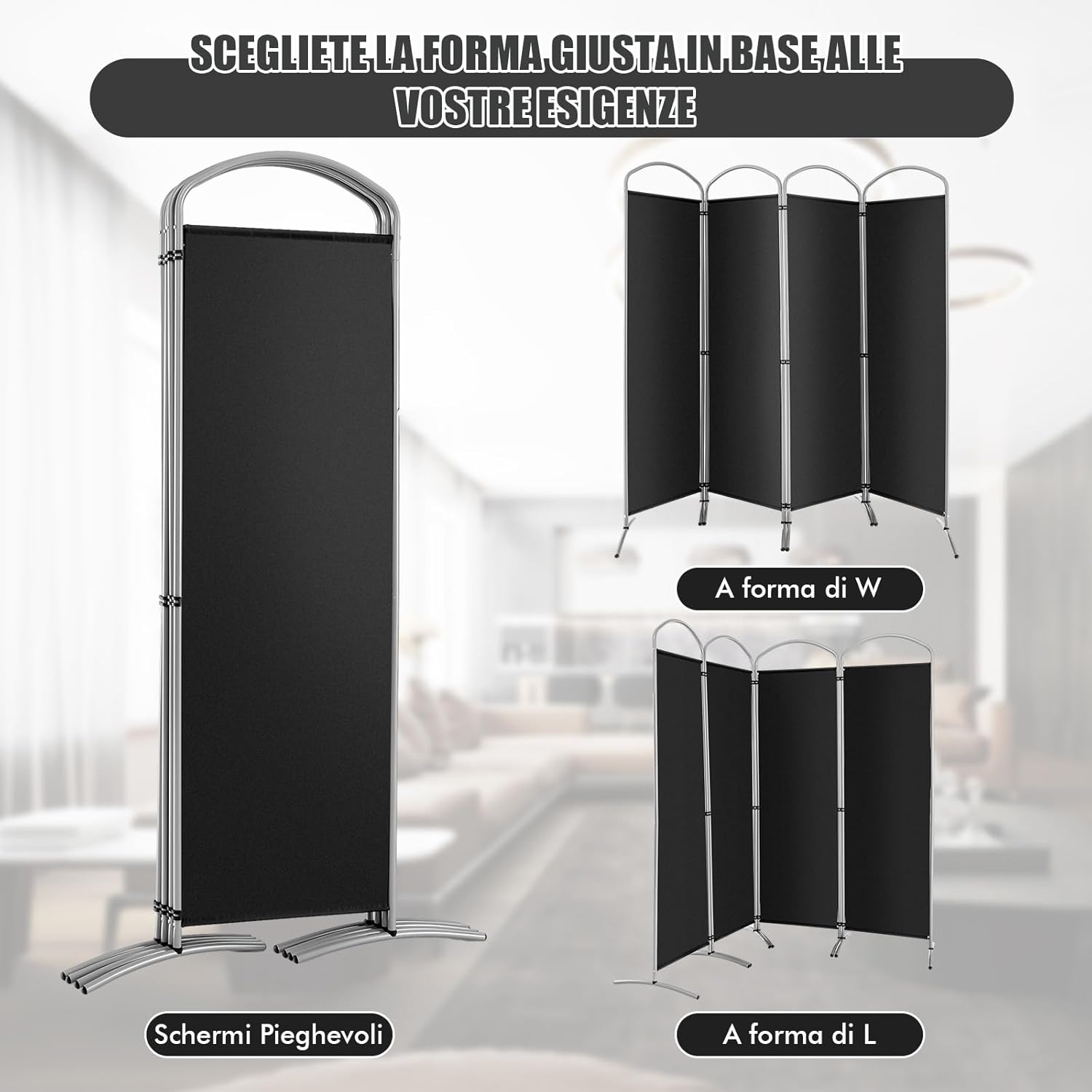 Paravento Pieghevole a 4/6 Pannelli, Separé Divisorio Interno ed Esterno, Pannelli Divisori per Camera da Letto, Ufficio e Soggiorno (221 x 188 cm 4 Pannelli, Nero)