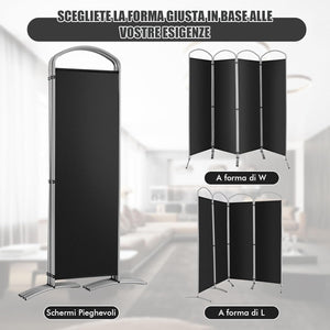 Paravento Pieghevole a 4/6 Pannelli, Separé Divisorio Interno ed Esterno, Pannelli Divisori per Camera da Letto, Ufficio e Soggiorno (221 x 188 cm 4 Pannelli, Nero)