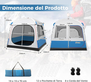 Tenda Campeggio 3-5 Persone, Tenda Doppia Porta, Tenda Anti UV Impermeabile e Antivento, Facile da Montare, per 3 Stagioni, Spiaggia Campeggio Pesca, 248 x 248 x 230 cm