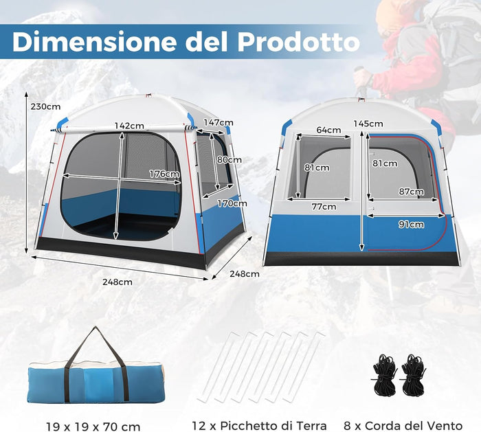 Tenda Campeggio 3-5 Persone, Tenda Doppia Porta, Tenda Anti UV Impermeabile e Antivento, Facile da Montare, per 3 Stagioni, Spiaggia Campeggio Pesca, 248 x 248 x 230 cm