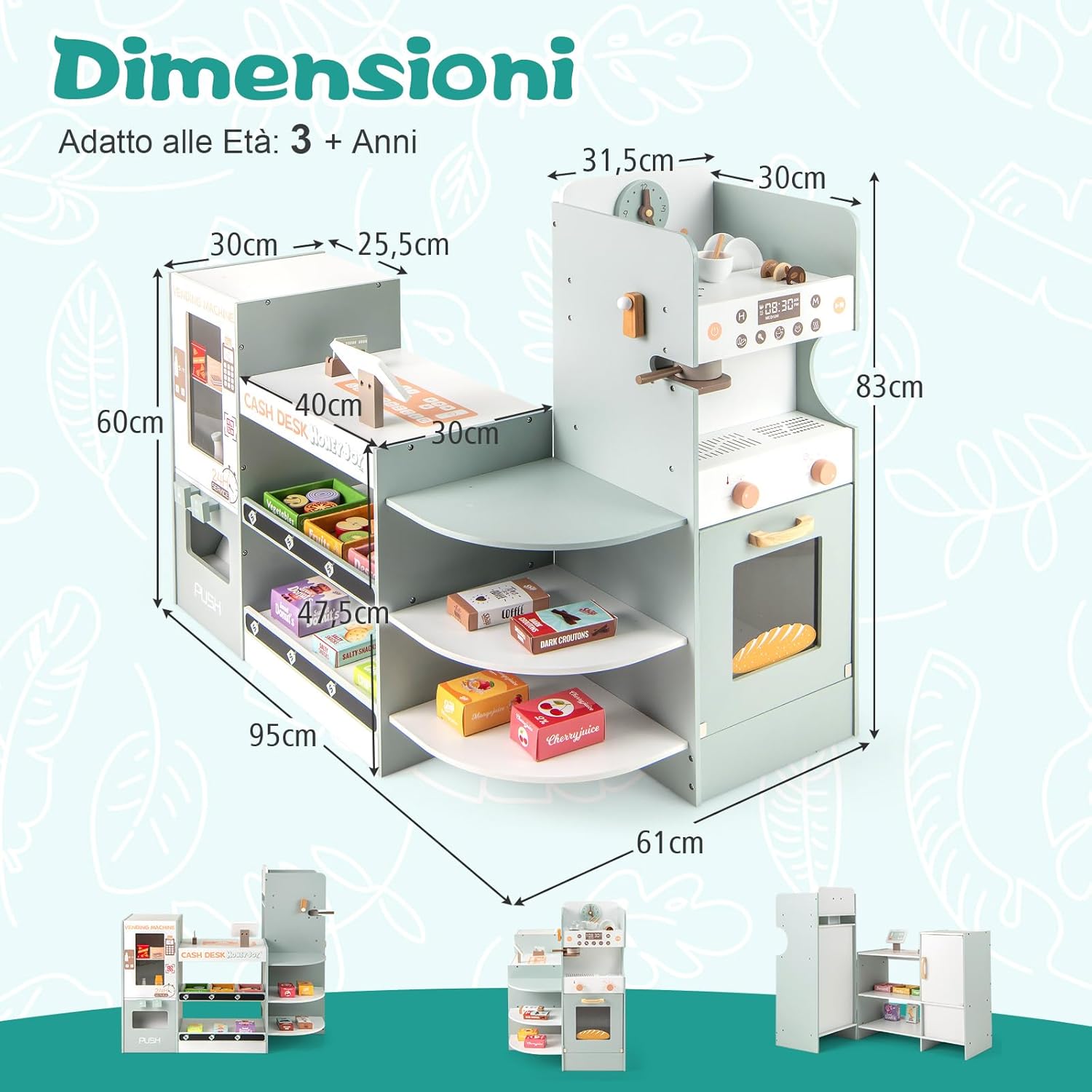 Mercato Giocattolo per Bambini con Cassa, Negozio Giocattolo in Legno con Macchina Caffè e Distributore Automatico, Banco Mercato Giocattolo con Scaffali e 30 Accessori, per Bambini 3+ Anni