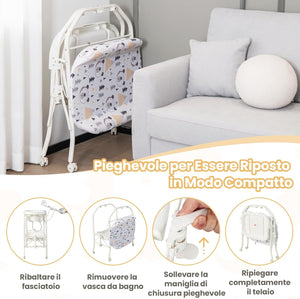 Fasciatoio con Vaschetta per Bambini, Vasca da Bagno per Neonati, Fasciatoio Pieghevole con Materassino, Cestino Portaoggetti, Ruote con Freno, Portata 35kg+15kg (Bianco)