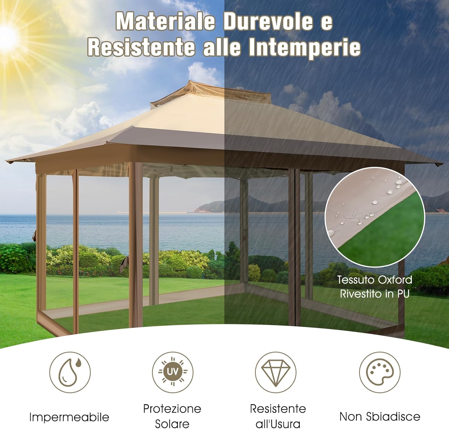 Gazebo Pieghevole da Giardino 3,6 x 3,6m, Gazebo Pop-up con Borsa da Trasporto con Ruote, Regolabile in Altezza, per Feste, Barbecue, Giardino e Spiaggia (Con Rete)