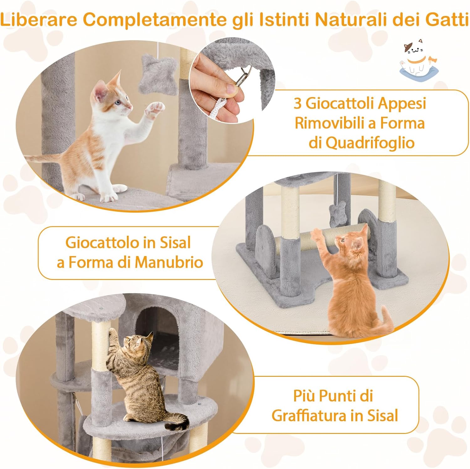 Tiragraffi 176cm, Albero per Gatti con Letto a Cesta, Amaca, Palline, Piattaforme di Salto, Giocattoli, Torre per Animali Domestici da Interno, Grigio