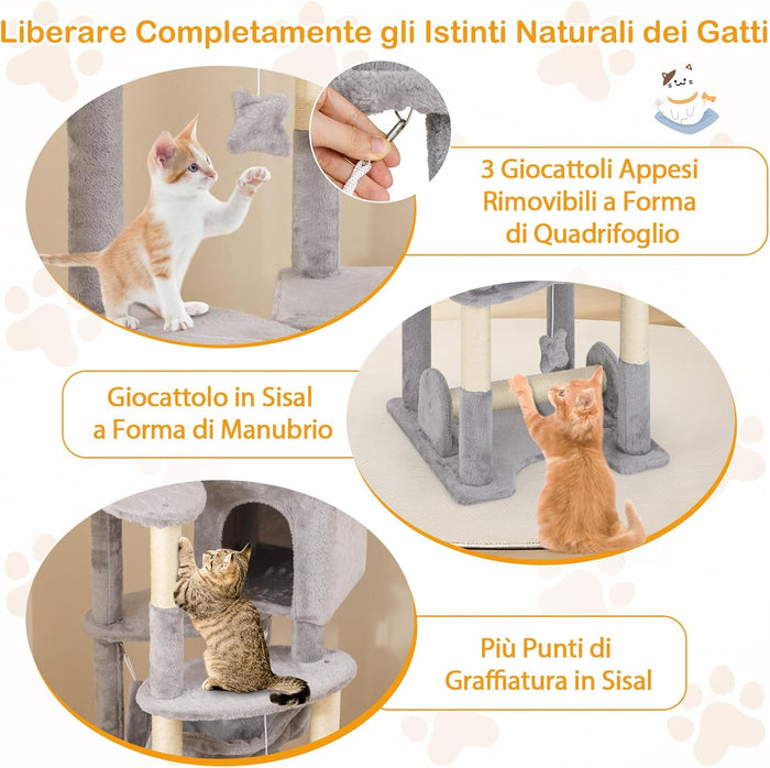 Tiragraffi 176cm, Albero per Gatti con Letto a Cesta, Amaca, Palline, Piattaforme di Salto, Giocattoli, Torre per Animali Domestici da Interno, Grigio
