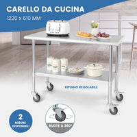 Tavolo da Lavoro in Acciaio Inox, con 4 Ruote Bloccabili Gambe Zincate e Ripiano Regolabile, Tavolo Multiuso per Cucina Ristorante e Lavanderia, 122 x 61 cm, Argento