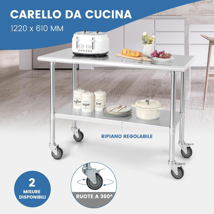 Tavolo da Lavoro in Acciaio Inox, con 4 Ruote Bloccabili Gambe Zincate e Ripiano Regolabile, Tavolo Multiuso per Cucina Ristorante e Lavanderia, 122 x 61 cm, Argento