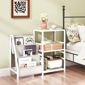 Supporto per Giradischi per Vinili, Porta Giradischi Vinili Fino a 200 Album con 3 Ripiani, 6 Tasche di Archiviazione e Struttura in Metallo, per Casa Studio e Caffè, 125x30x69 cm (Bianco)