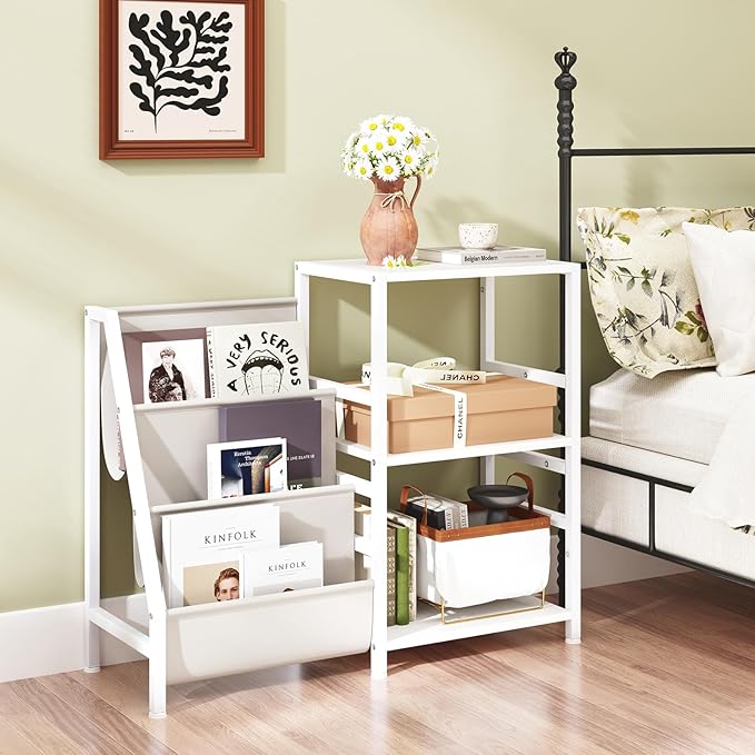 Supporto per Giradischi per Vinili, Porta Giradischi Vinili Fino a 200 Album con 3 Ripiani, 6 Tasche di Archiviazione e Struttura in Metallo, per Casa Studio e Caffè, 125x30x69 cm (Bianco)