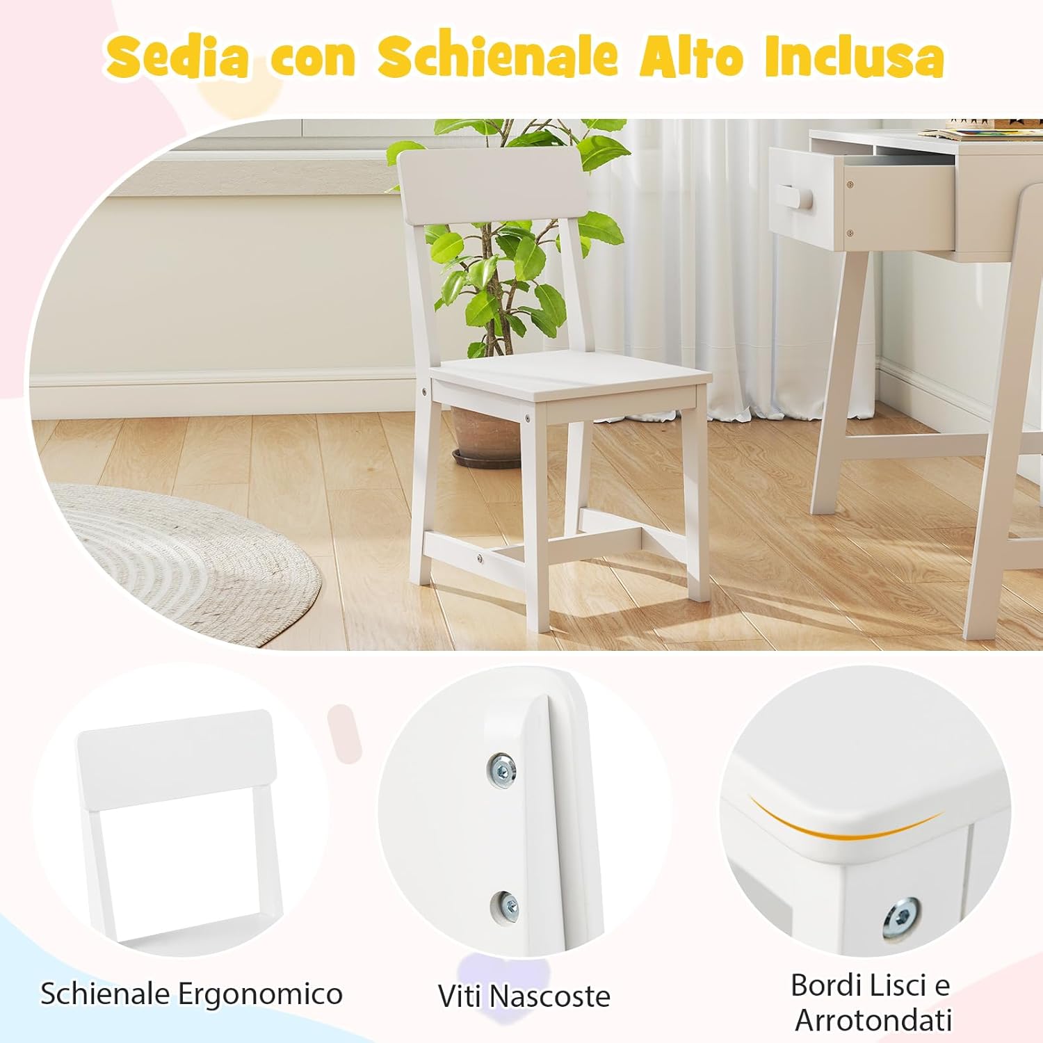 Set Tavolo e Seide per bambini in Legno, Scrivania e Sedia con Cassetto e Scomparto, Tavolino e Sedia per Cameretta, Soggiorno e Scuola (Bianco)