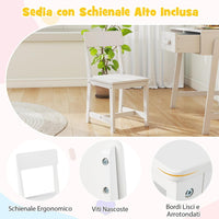 Set Tavolo e Seide per bambini in Legno, Scrivania e Sedia con Cassetto e Scomparto, Tavolino e Sedia per Cameretta, Soggiorno e Scuola (Bianco)