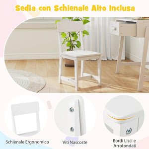 Set Tavolo e Seide per bambini in Legno, Scrivania e Sedia con Cassetto e Scomparto, Tavolino e Sedia per Cameretta, Soggiorno e Scuola (Bianco)