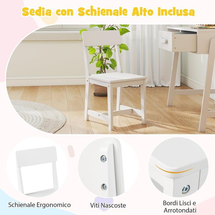 Set Tavolo e Seide per bambini in Legno, Scrivania e Sedia con Cassetto e Scomparto, Tavolino e Sedia per Cameretta, Soggiorno e Scuola (Bianco)
