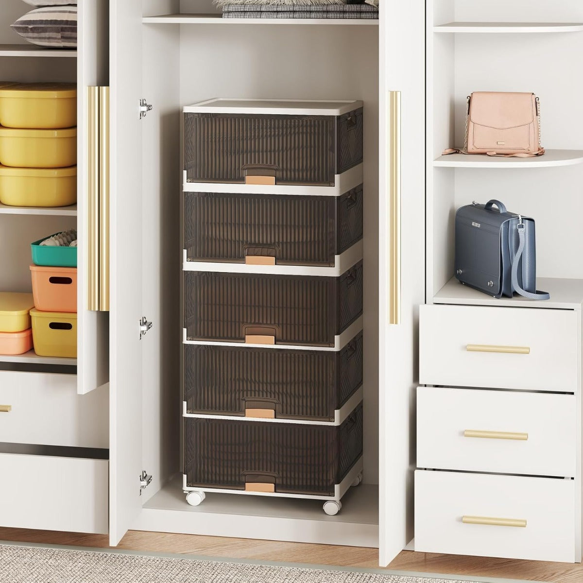 Grande organizer per casa con porte scorrevoli, Scatole pieghevoli per scarpe con ruote staccabili Bianco-Cassettiere